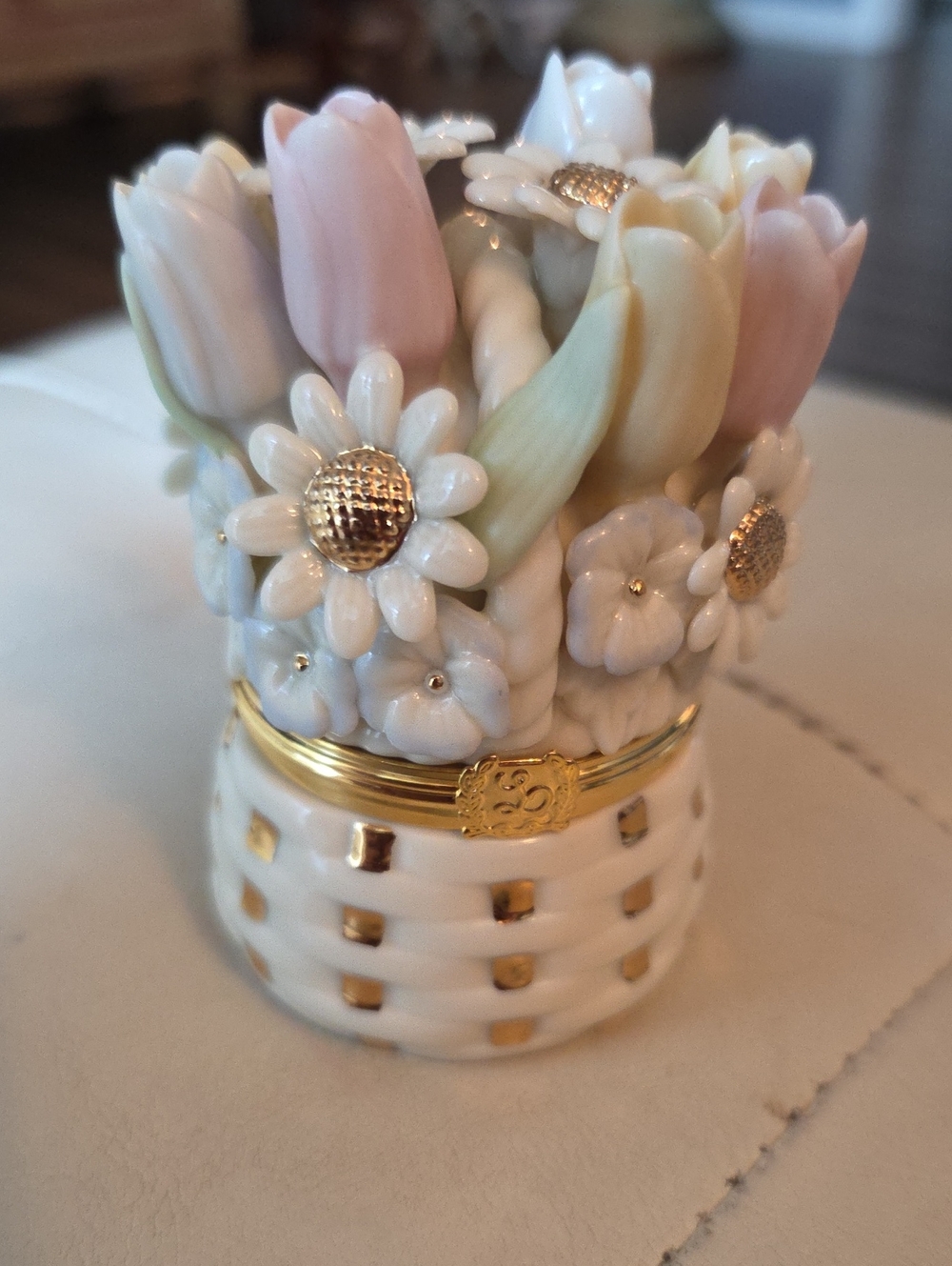 Lenox Porcelain Floral Basket Trinket Box in Pink, White & Gold